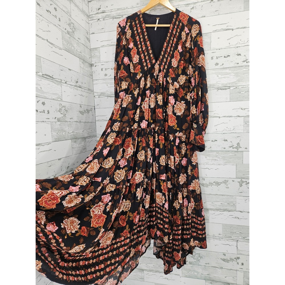 Free People Floral Tiered Maxi Dress Black Rose Boho V-Neck Long Sleeve Medium